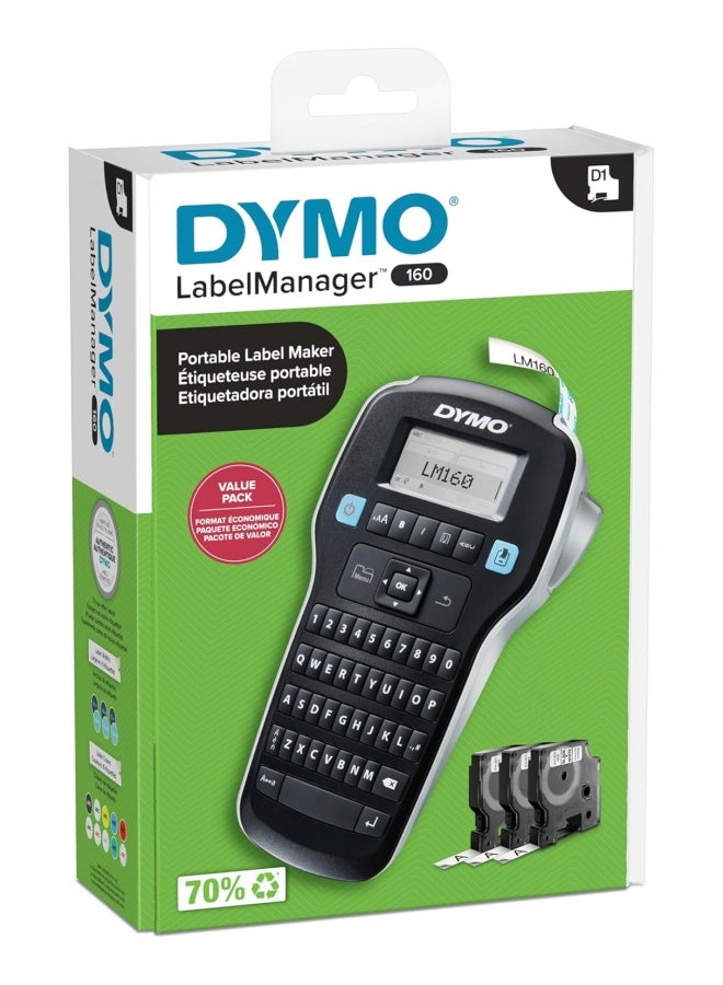دايمو مجموعة طابعة الملصقات المحمولة DYMO LabelManager 160، سهلة الاستخدام، مع أزرار ذكية بضغطة واحدة، لوحة مفاتيح QWERTY، شاشة عرض كبيرة، مناسبة لتنظيم المنزل والمكتب، تشمل 3 صناديق ملصقات D1. - Image 3